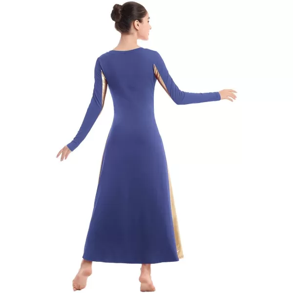 OwlFay Metallic Praise Dance Dress for Women Color Block Liturgical Full Length Swing Gown Ruffle Tunic Circle Skirt CostumeNavy Blue 2