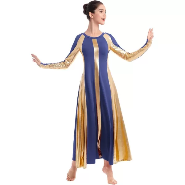 OwlFay Metallic Praise Dance Dress for Women Color Block Liturgical Full Length Swing Gown Ruffle Tunic Circle Skirt CostumeNavy Blue 2