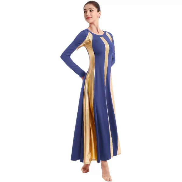 OwlFay Metallic Praise Dance Dress for Women Color Block Liturgical Full Length Swing Gown Ruffle Tunic Circle Skirt CostumeNavy Blue 2