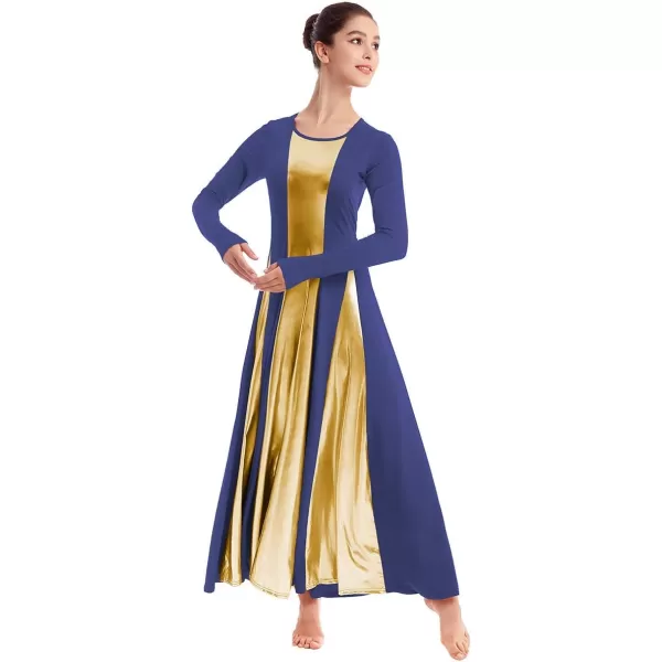 OwlFay Metallic Praise Dance Dress for Women Color Block Liturgical Full Length Swing Gown Ruffle Tunic Circle Skirt CostumeNavy Blue