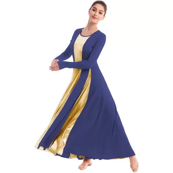 OwlFay Metallic Praise Dance Dress for Women Color Block Liturgical Full Length Swing Gown Ruffle Tunic Circle Skirt CostumeNavy Blue