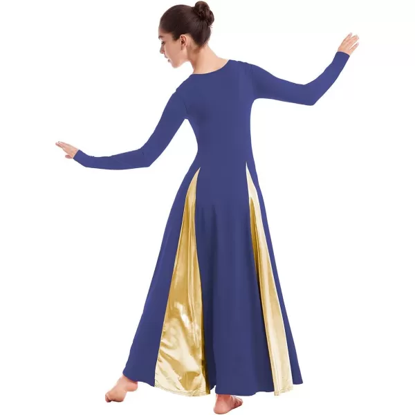 OwlFay Metallic Praise Dance Dress for Women Color Block Liturgical Full Length Swing Gown Ruffle Tunic Circle Skirt CostumeNavy Blue