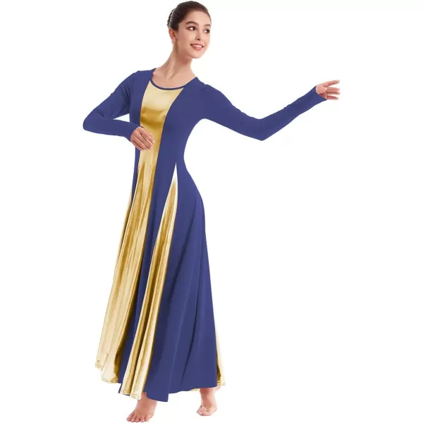 OwlFay Metallic Praise Dance Dress for Women Color Block Liturgical Full Length Swing Gown Ruffle Tunic Circle Skirt CostumeNavy Blue