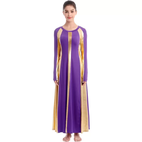 OwlFay Metallic Praise Dance Dress for Women Color Block Liturgical Full Length Swing Gown Ruffle Tunic Circle Skirt CostumePurple 2