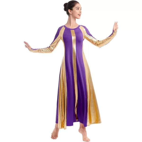 OwlFay Metallic Praise Dance Dress for Women Color Block Liturgical Full Length Swing Gown Ruffle Tunic Circle Skirt CostumePurple 2