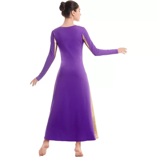 OwlFay Metallic Praise Dance Dress for Women Color Block Liturgical Full Length Swing Gown Ruffle Tunic Circle Skirt CostumePurple 2