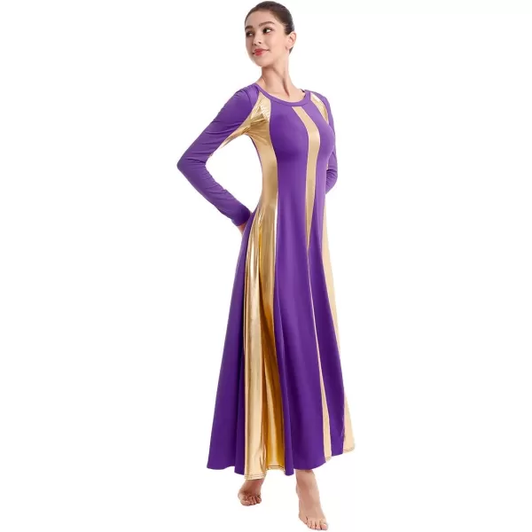 OwlFay Metallic Praise Dance Dress for Women Color Block Liturgical Full Length Swing Gown Ruffle Tunic Circle Skirt CostumePurple 2