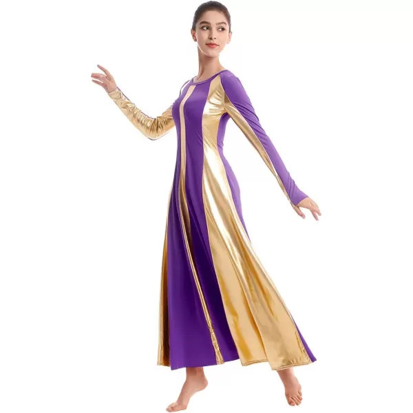 OwlFay Metallic Praise Dance Dress for Women Color Block Liturgical Full Length Swing Gown Ruffle Tunic Circle Skirt CostumePurple 2