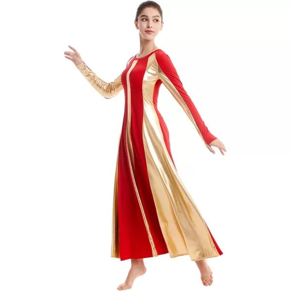 OwlFay Metallic Praise Dance Dress for Women Color Block Liturgical Full Length Swing Gown Ruffle Tunic Circle Skirt CostumeRed 2