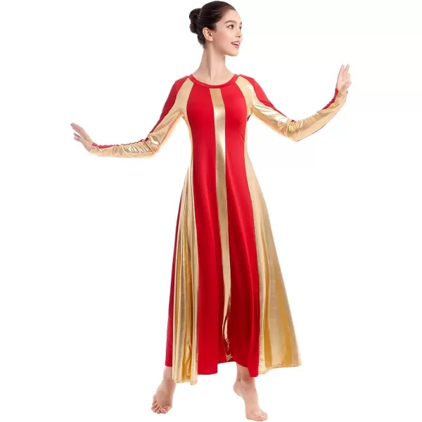 OwlFay Metallic Praise Dance Dress for Women Color Block Liturgical Full Length Swing Gown Ruffle Tunic Circle Skirt CostumeRed 2