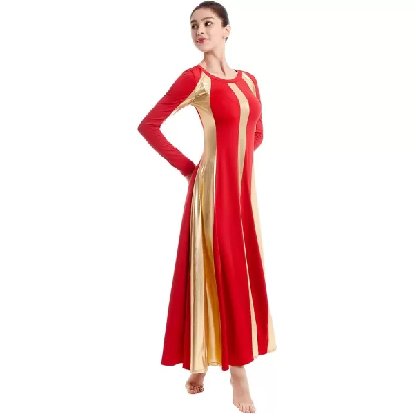 OwlFay Metallic Praise Dance Dress for Women Color Block Liturgical Full Length Swing Gown Ruffle Tunic Circle Skirt CostumeRed 2