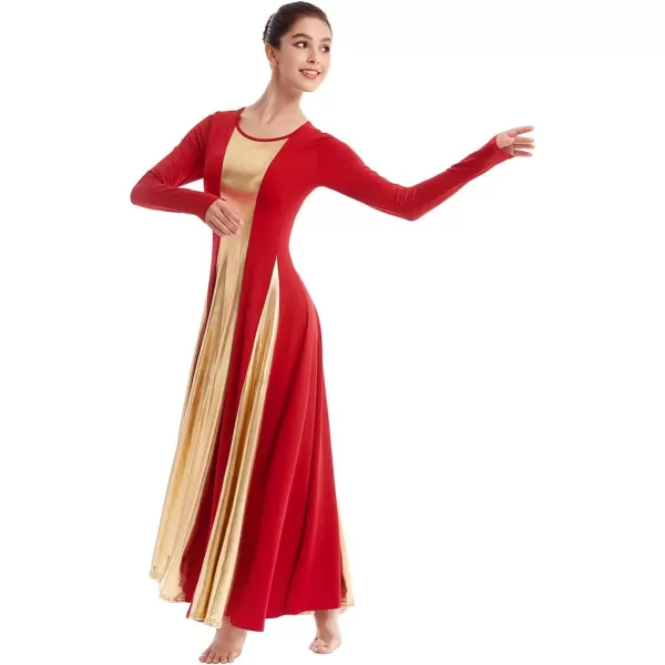 OwlFay Metallic Praise Dance Dress for Women Color Block Liturgical Full Length Swing Gown Ruffle Tunic Circle Skirt CostumeRed