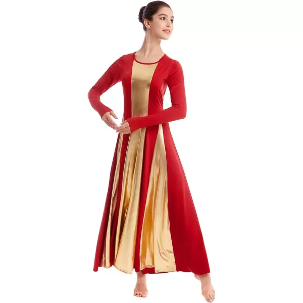 OwlFay Metallic Praise Dance Dress for Women Color Block Liturgical Full Length Swing Gown Ruffle Tunic Circle Skirt CostumeRed