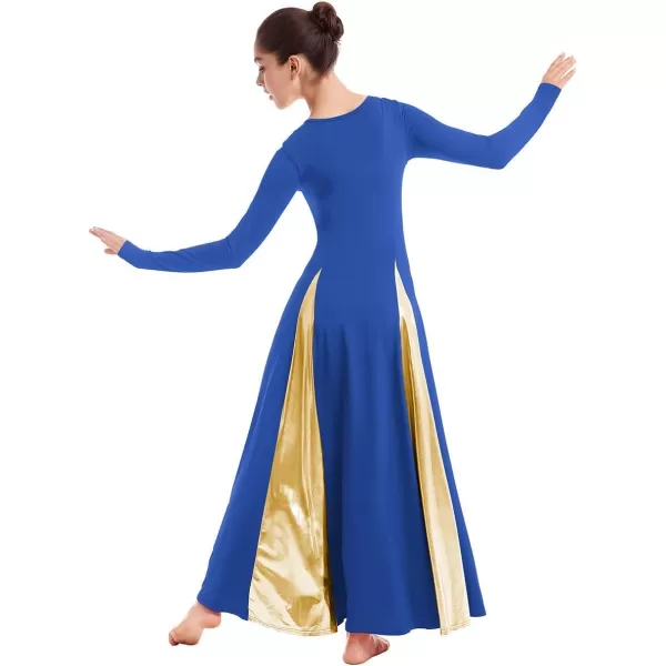 OwlFay Metallic Praise Dance Dress for Women Color Block Liturgical Full Length Swing Gown Ruffle Tunic Circle Skirt CostumeRoyal Blue