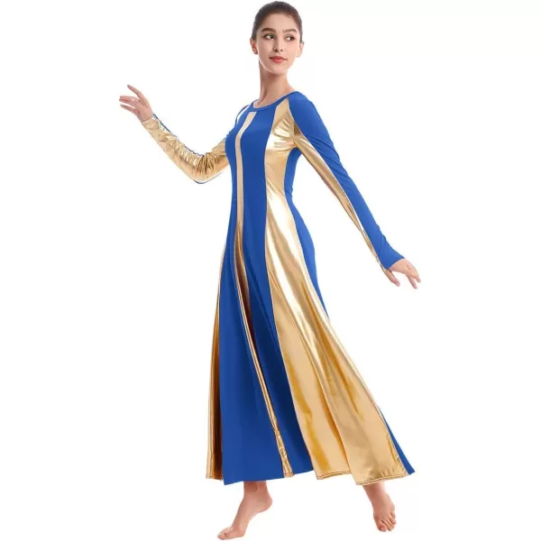 OwlFay Metallic Praise Dance Dress for Women Color Block Liturgical Full Length Swing Gown Ruffle Tunic Circle Skirt CostumeRoyal Blue 2