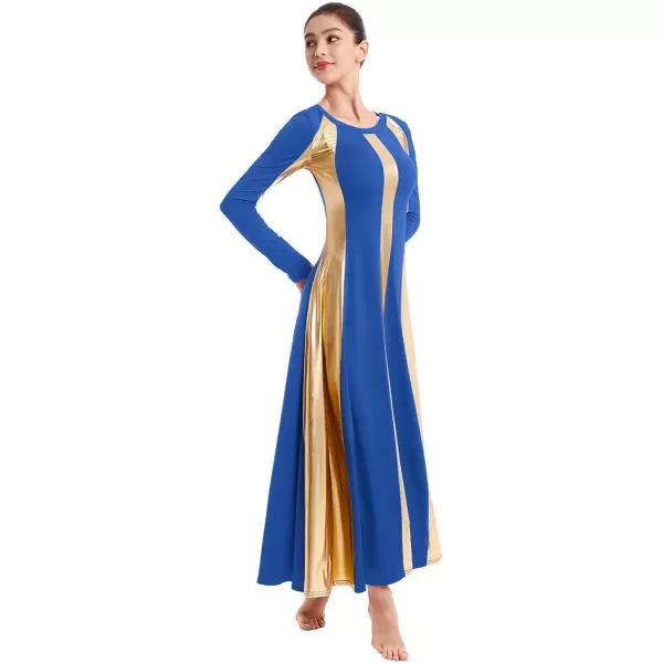 OwlFay Metallic Praise Dance Dress for Women Color Block Liturgical Full Length Swing Gown Ruffle Tunic Circle Skirt CostumeRoyal Blue 2