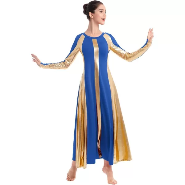 OwlFay Metallic Praise Dance Dress for Women Color Block Liturgical Full Length Swing Gown Ruffle Tunic Circle Skirt CostumeRoyal Blue 2