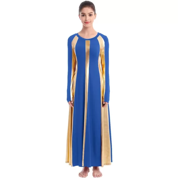 OwlFay Metallic Praise Dance Dress for Women Color Block Liturgical Full Length Swing Gown Ruffle Tunic Circle Skirt CostumeRoyal Blue 2