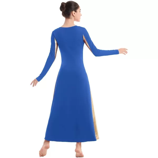 OwlFay Metallic Praise Dance Dress for Women Color Block Liturgical Full Length Swing Gown Ruffle Tunic Circle Skirt CostumeRoyal Blue 2