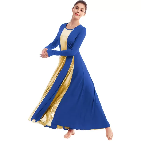 OwlFay Metallic Praise Dance Dress for Women Color Block Liturgical Full Length Swing Gown Ruffle Tunic Circle Skirt CostumeRoyal Blue