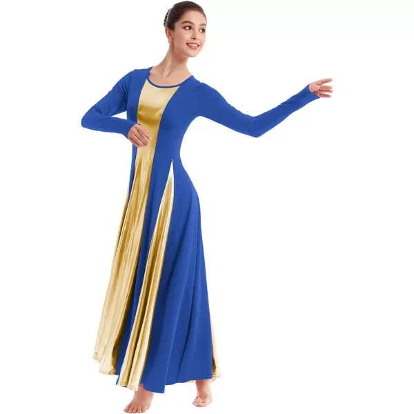 OwlFay Metallic Praise Dance Dress for Women Color Block Liturgical Full Length Swing Gown Ruffle Tunic Circle Skirt CostumeRoyal Blue