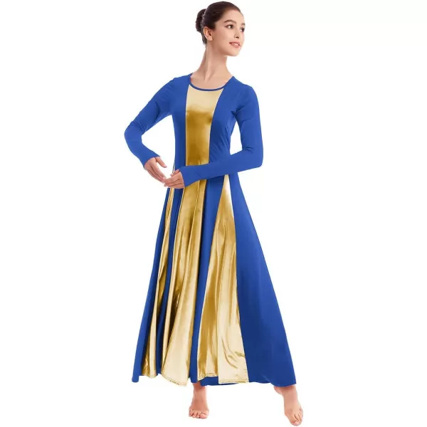 OwlFay Metallic Praise Dance Dress for Women Color Block Liturgical Full Length Swing Gown Ruffle Tunic Circle Skirt CostumeRoyal Blue