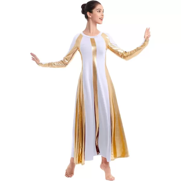 OwlFay Metallic Praise Dance Dress for Women Color Block Liturgical Full Length Swing Gown Ruffle Tunic Circle Skirt CostumeWhite 2