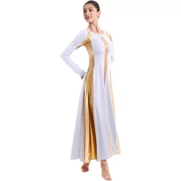 OwlFay Metallic Praise Dance Dress for Women Color Block Liturgical Full Length Swing Gown Ruffle Tunic Circle Skirt CostumeWhite 2