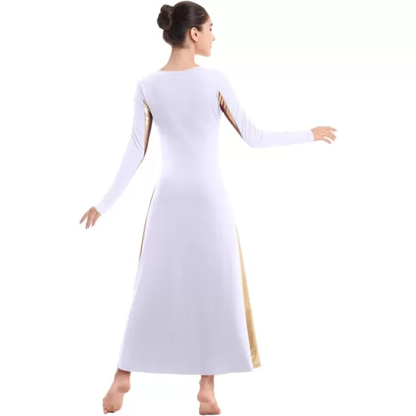 OwlFay Metallic Praise Dance Dress for Women Color Block Liturgical Full Length Swing Gown Ruffle Tunic Circle Skirt CostumeWhite 2