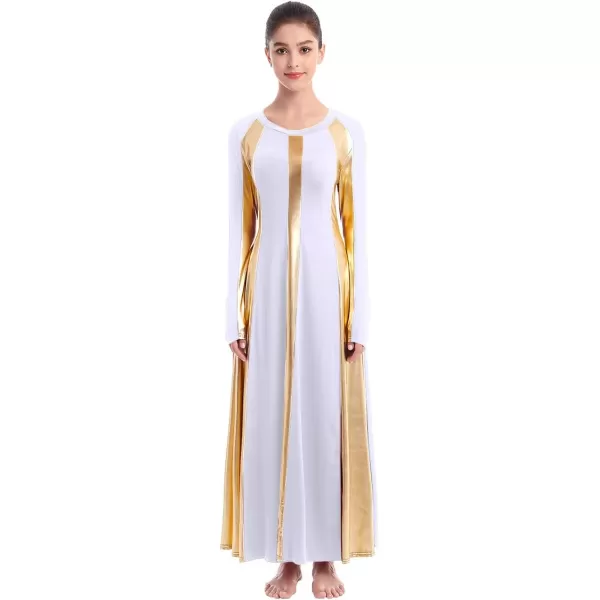 OwlFay Metallic Praise Dance Dress for Women Color Block Liturgical Full Length Swing Gown Ruffle Tunic Circle Skirt CostumeWhite 2