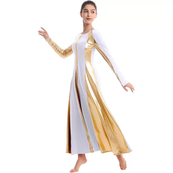 OwlFay Metallic Praise Dance Dress for Women Color Block Liturgical Full Length Swing Gown Ruffle Tunic Circle Skirt CostumeWhite 2