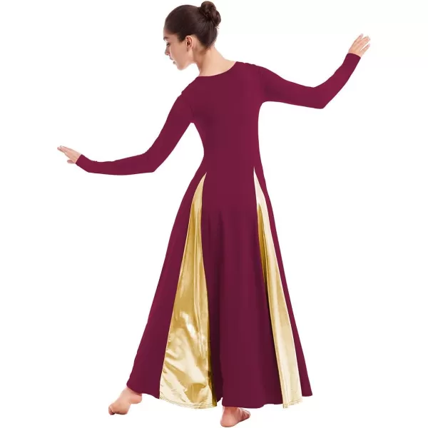 OwlFay Metallic Praise Dance Dress for Women Color Block Liturgical Full Length Swing Gown Ruffle Tunic Circle Skirt CostumeWine Red