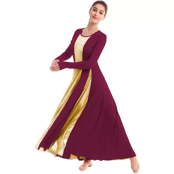 OwlFay Metallic Praise Dance Dress for Women Color Block Liturgical Full Length Swing Gown Ruffle Tunic Circle Skirt CostumeWine Red