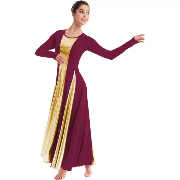 OwlFay Metallic Praise Dance Dress for Women Color Block Liturgical Full Length Swing Gown Ruffle Tunic Circle Skirt CostumeWine Red