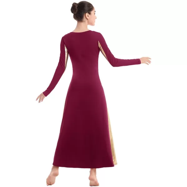 OwlFay Metallic Praise Dance Dress for Women Color Block Liturgical Full Length Swing Gown Ruffle Tunic Circle Skirt CostumeWine Red 2