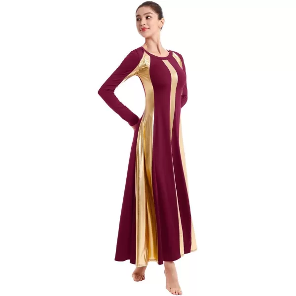 OwlFay Metallic Praise Dance Dress for Women Color Block Liturgical Full Length Swing Gown Ruffle Tunic Circle Skirt CostumeWine Red 2