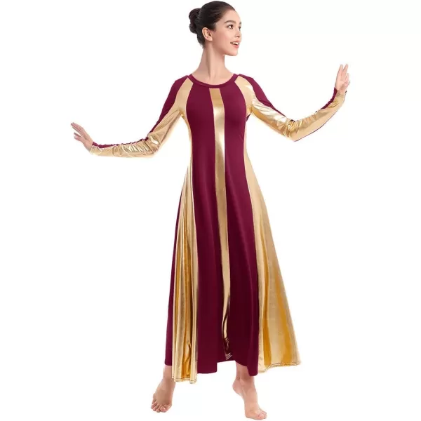 OwlFay Metallic Praise Dance Dress for Women Color Block Liturgical Full Length Swing Gown Ruffle Tunic Circle Skirt CostumeWine Red 2