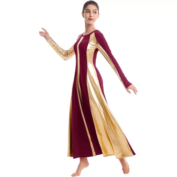 OwlFay Metallic Praise Dance Dress for Women Color Block Liturgical Full Length Swing Gown Ruffle Tunic Circle Skirt CostumeWine Red 2