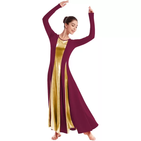 OwlFay Metallic Praise Dance Dress for Women Color Block Liturgical Full Length Swing Gown Ruffle Tunic Circle Skirt CostumeWine Red