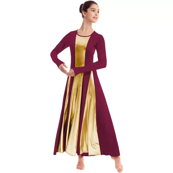 OwlFay Metallic Praise Dance Dress for Women Color Block Liturgical Full Length Swing Gown Ruffle Tunic Circle Skirt CostumeWine Red