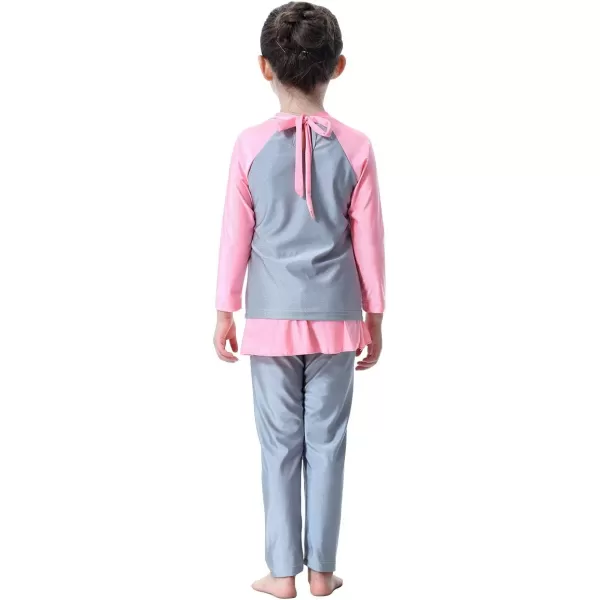 OwlFay Mu Swimsuit For Girls Kid Modest Full Cover Hijab Burkini Islamic Top Pants Cap Costume 3Pcs SetGray  Pink