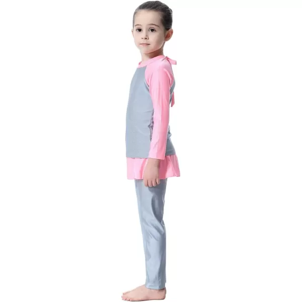 OwlFay Mu Swimsuit For Girls Kid Modest Full Cover Hijab Burkini Islamic Top Pants Cap Costume 3Pcs SetGray  Pink