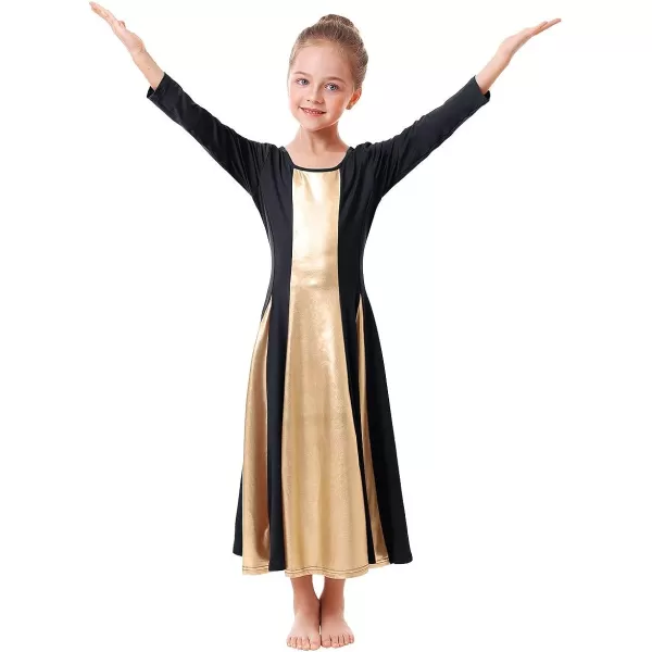 OwlFay Praise Dance Dress for Girl Liturgical Metallic Gold Full Length Long Gown Ruffle Tunic Circle Skirt Worship DancewearBlack  Gold