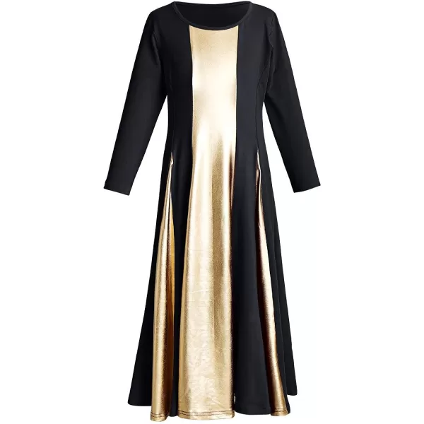 OwlFay Praise Dance Dress for Girl Liturgical Metallic Gold Full Length Long Gown Ruffle Tunic Circle Skirt Worship DancewearBlack  Gold