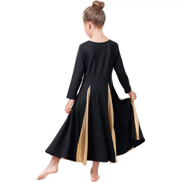 OwlFay Praise Dance Dress for Girl Liturgical Metallic Gold Full Length Long Gown Ruffle Tunic Circle Skirt Worship DancewearBlack  Gold