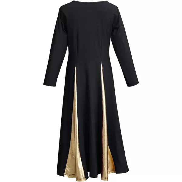 OwlFay Praise Dance Dress for Girl Liturgical Metallic Gold Full Length Long Gown Ruffle Tunic Circle Skirt Worship DancewearBlack  Gold