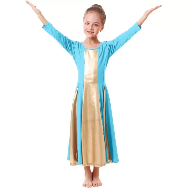 OwlFay Praise Dance Dress for Girl Liturgical Metallic Gold Full Length Long Gown Ruffle Tunic Circle Skirt Worship DancewearBlue  Gold