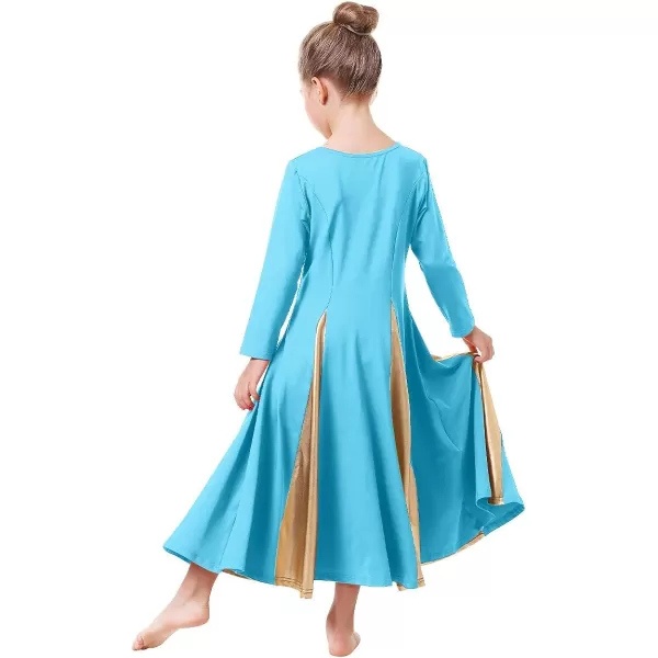 OwlFay Praise Dance Dress for Girl Liturgical Metallic Gold Full Length Long Gown Ruffle Tunic Circle Skirt Worship DancewearBlue  Gold