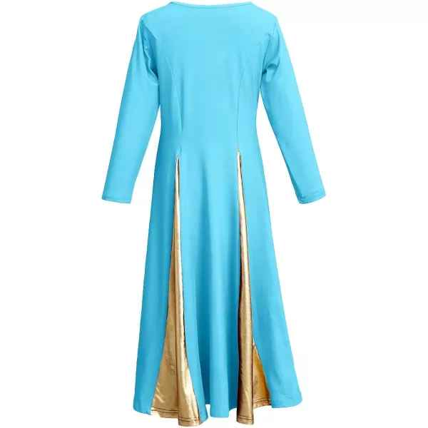 OwlFay Praise Dance Dress for Girl Liturgical Metallic Gold Full Length Long Gown Ruffle Tunic Circle Skirt Worship DancewearBlue  Gold