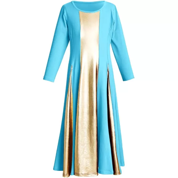 OwlFay Praise Dance Dress for Girl Liturgical Metallic Gold Full Length Long Gown Ruffle Tunic Circle Skirt Worship DancewearBlue  Gold